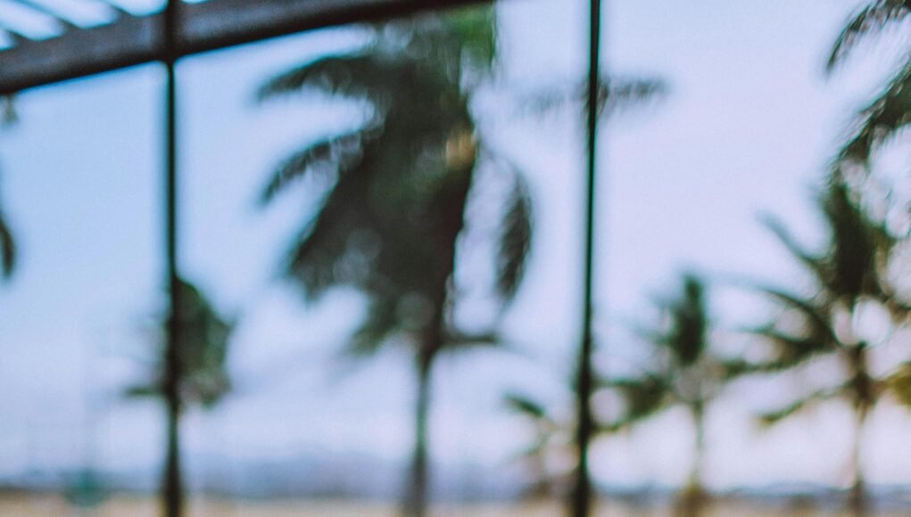 A sleek laptop on a wooden desk with a tropical view behind, ideal for remote work and travel themes.